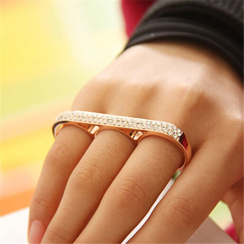 Anillos de dos dedos diamantes de imitación para mujer, aleación Color dorado, anillos Punk, joyería, regalos del Día de San Valentín|Anillos| - AliExpress