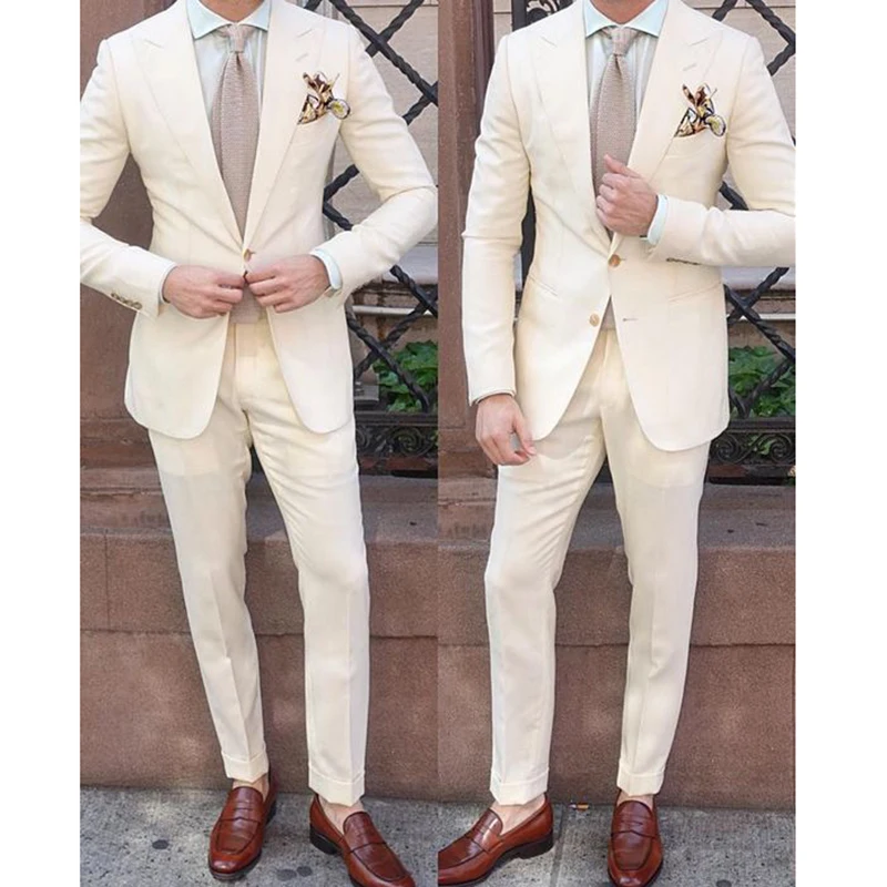 Tailor Made 2 Pieces Ivory Men Suit Slim Fit Groom Tuxedos  Wedding Business One Button Blazer Jacket Pants Terno Masculino
