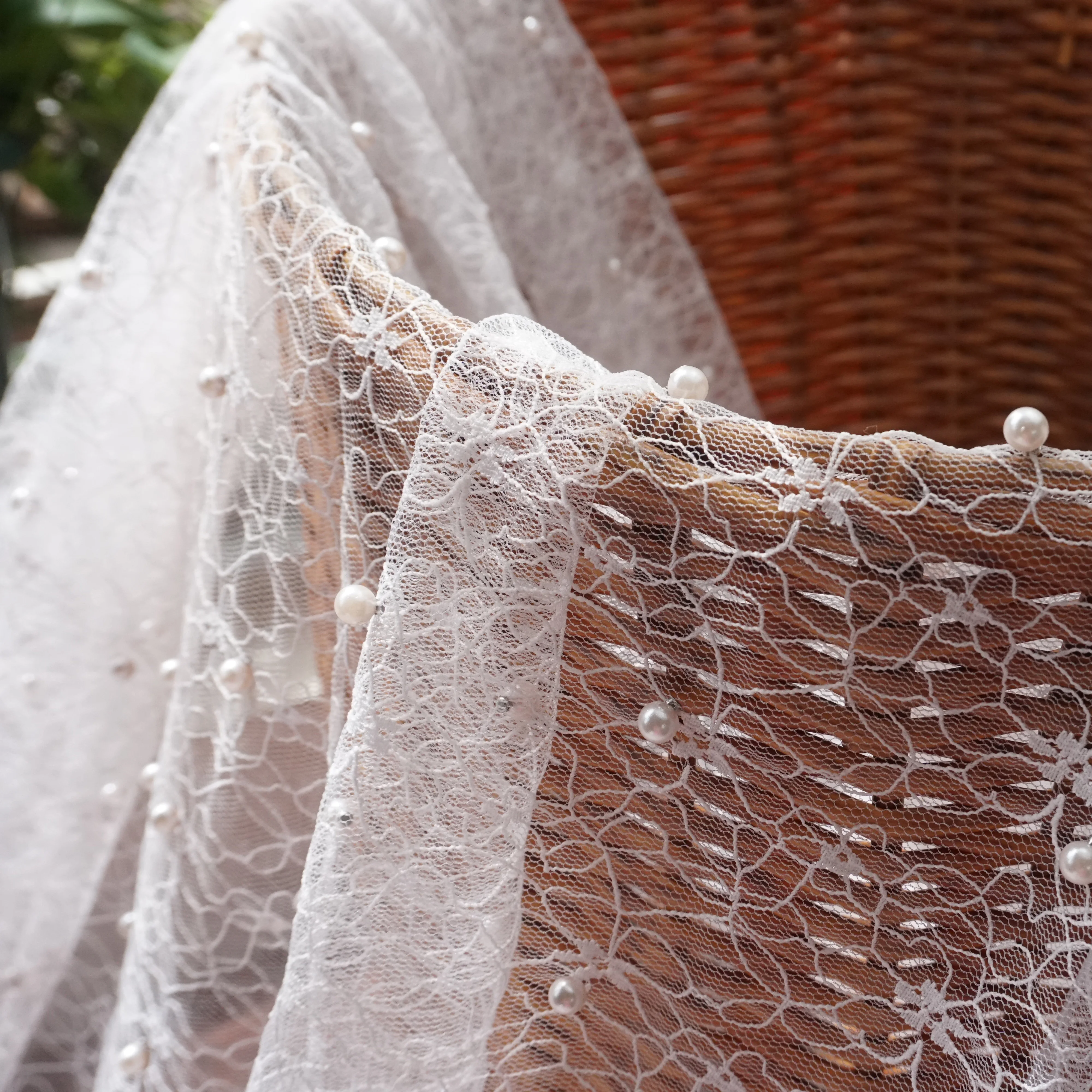

Light pink Stretch(a little)lace fabric with pearls 2 yards=1lot! Girls dress wedding veils lace beading fabric good quality!