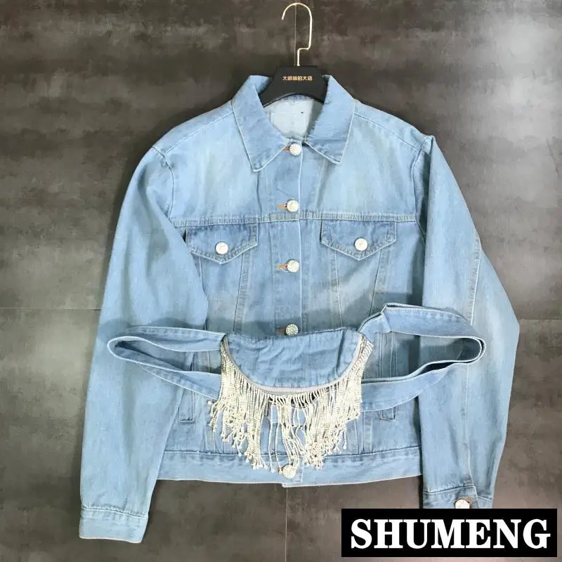 

2019 New Autumn Tasseled Water Drill Chain Waist Bag Decoration Heavy Washed Jeans Jacket Women's Denim Jackets Female Outwear
