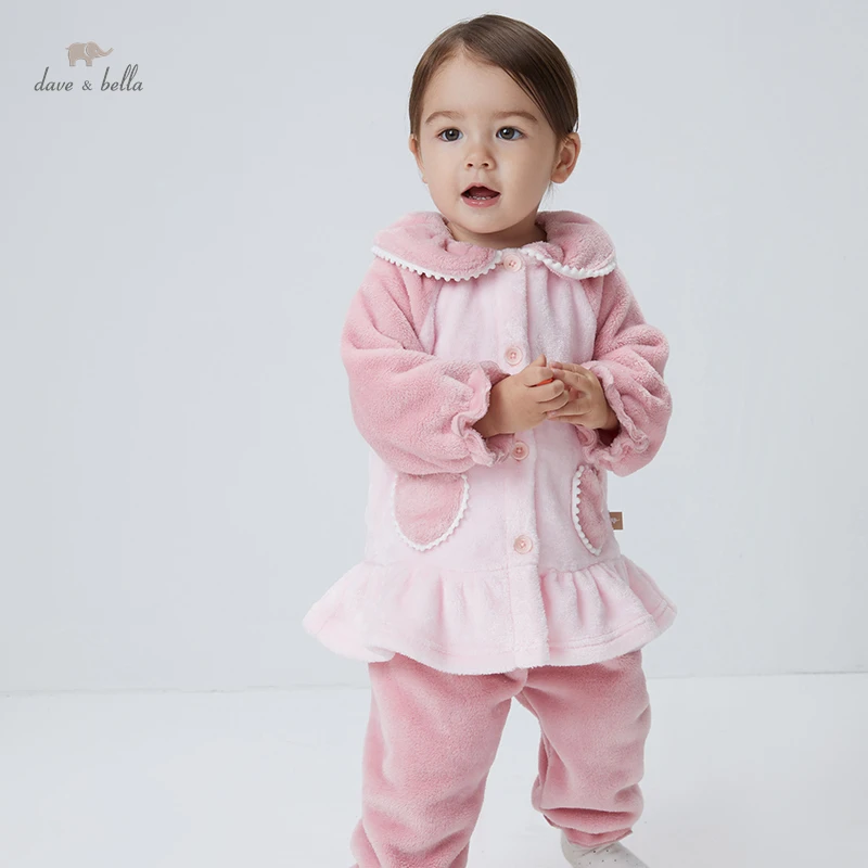 

DBM19644 dave bella winter baby girls fashion patchwork pockets pajamas newborn baby underwear casual sleepwear 2 pcs suit