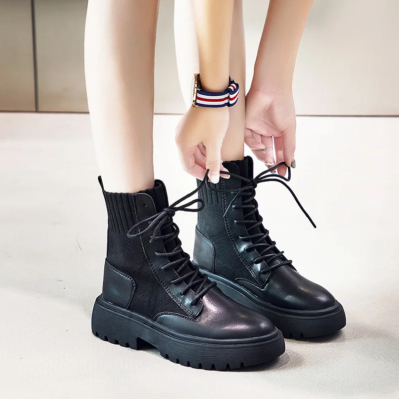

2019 Autumn & Winter New Style Short Boots Women's Korean-style Genuine Leather Knitted Tube Martin Boots Thick Bottomed Lace-up