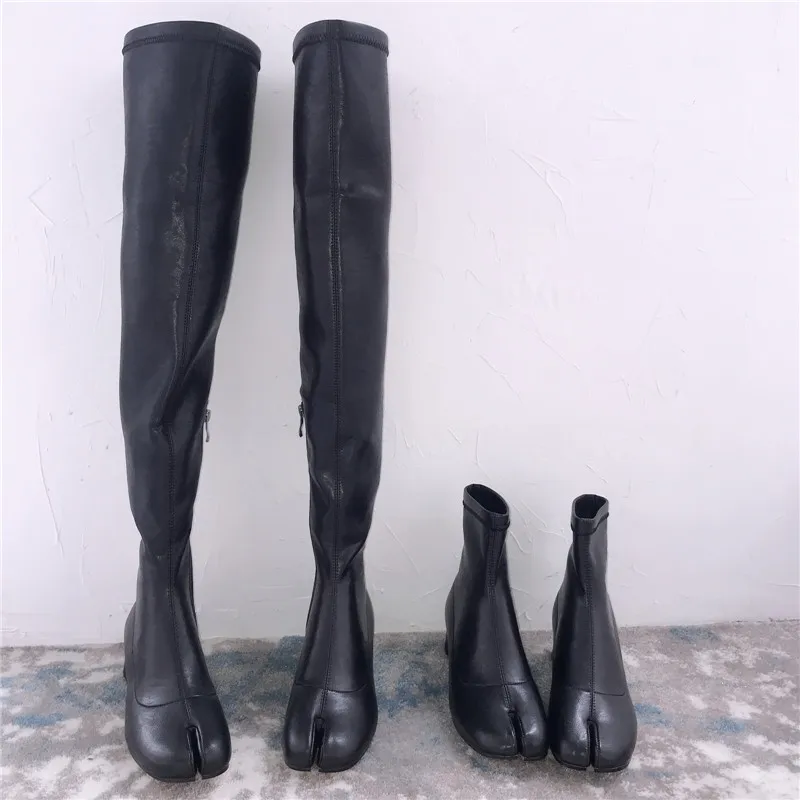 Black Leather Over The Knee Boots Women Split Toe Side Zipper High Heel Boots Woman Sexy Knight Boots