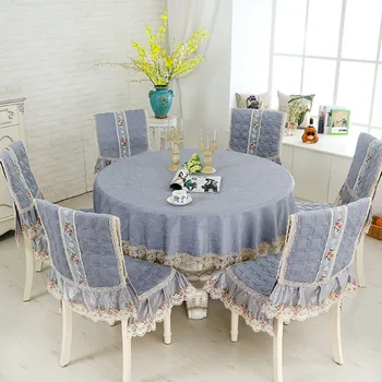 

European Lace edge Chenille Table Cloth European Dining Table Cover Chair Cushion Cover Round lace Tablecloths Chair Set