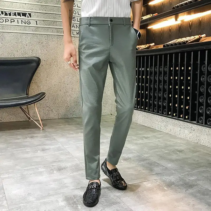 Одноцветная ПУ кожа мужские s Slim Fit платье брюки уличная Длина по щиколотку модные брюки в деловом стиле формальный дизайн мужские обтягивающие брюки