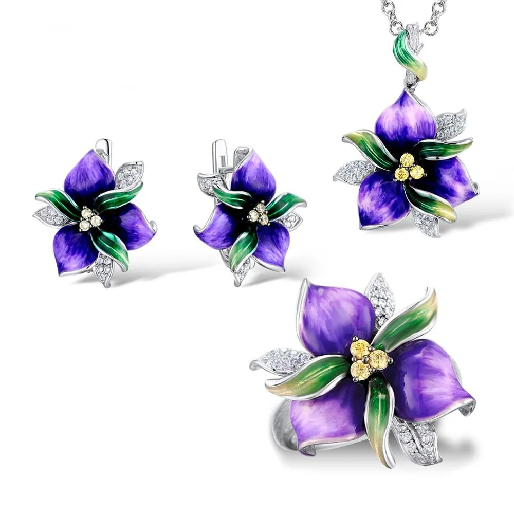 

New Arrival Wholesale 925 Sterling Silver Set Jewelry Women Vintage Purple Enamel Flower Necklace + Ring Zircon Epoxy Crafts
