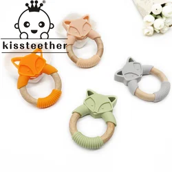 Kissteether 1pcs Baby Teether Silicone Animals Wooden Rings Teether Rodents Beech Wood Infant Fox Rings Baby Products Toy Gift