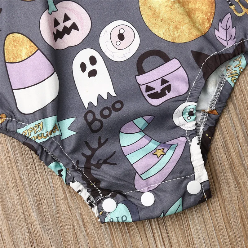 Newborn Infant Baby Girl Halloween Bodysuit Jumpsuit Fly Sleeve Cartoon Pumpkin Boo Print Clothes Headband 2PCS Outfit