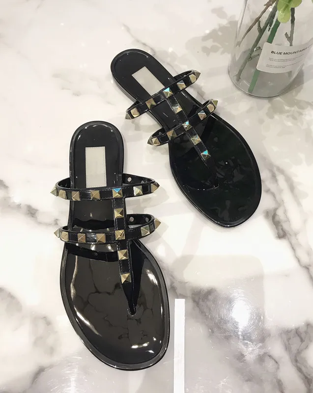 Summer Beach Sandals Woman Flip Flops PVC Slides Female Sandals Rivet Bowknot Slip on Flat with Women Studs Slippers Jelly Shoes