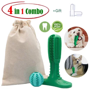 

4 in 1 Dog Toothbrush Ball Tooth Cleaning Stick & Treat Ball Kit Oral Dental Care Chew Stick & Food Dispenser Fetch Ball