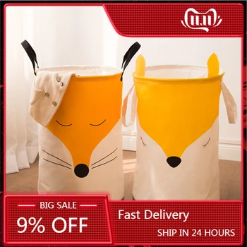 

Cotton Linen Storage Bucket Cartoon Fox Folding Laundry Basket Cute Multipurpose Laundry Bag Bathroom Toilet Debris Storage Box