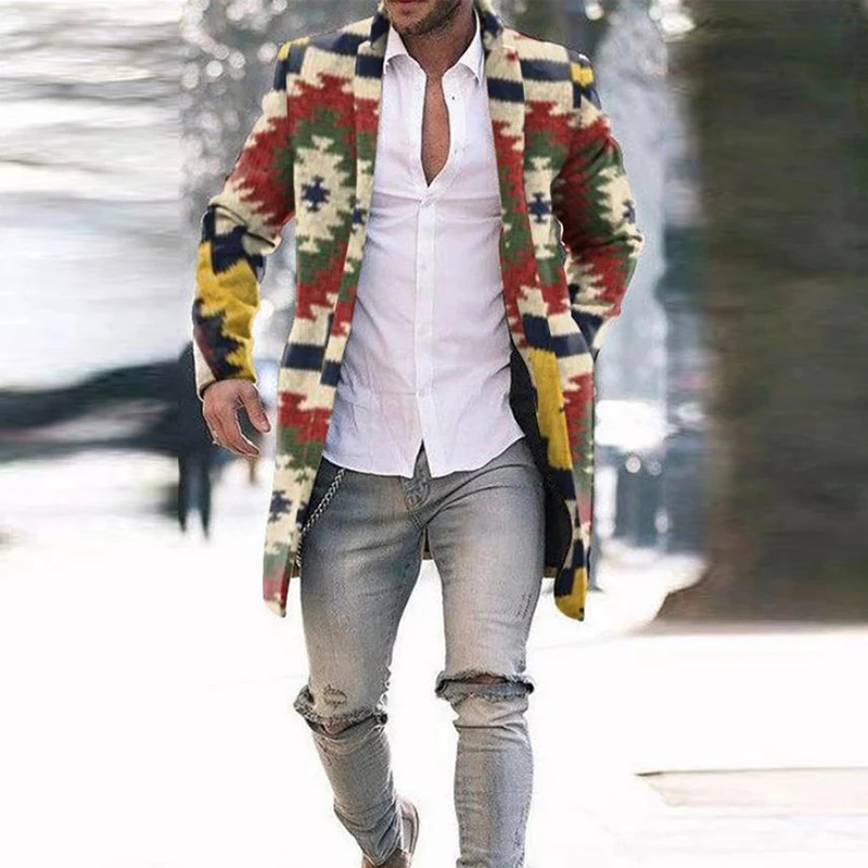 

Men's Jackets Fashion Print Single-Breasted Lapel Suit Jacket Slim Long Sleeve Long Windbreaker Male Casual Coat Outerwear
