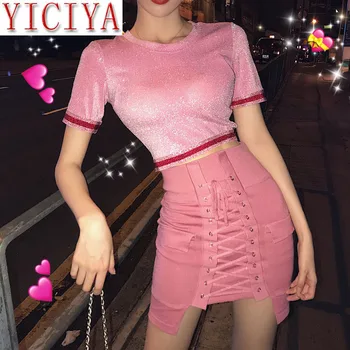 

Korean Summer Pink Outfits 2020 Sheet Short Paillettes Top Shirts Lace Up Mini Potlead Used Rok Lent Womens Two pieces Sets