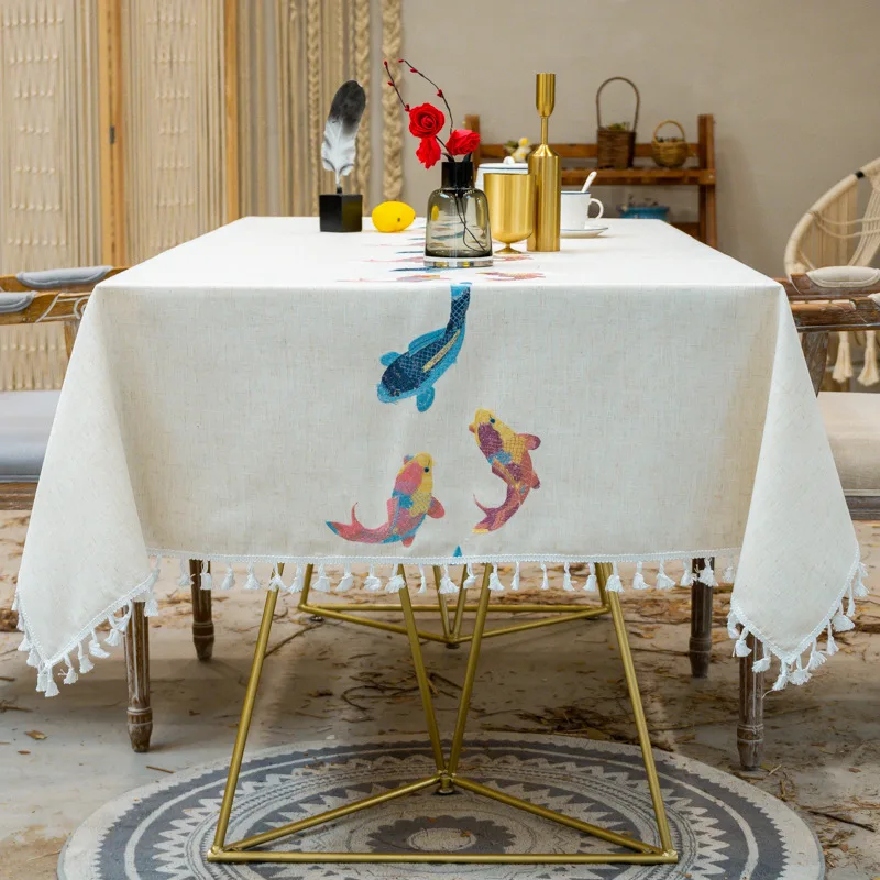 Embroidery Decorative Linen Tablecloth With Tassel Waterproof Oilproof Rectangular Wedding Dining T