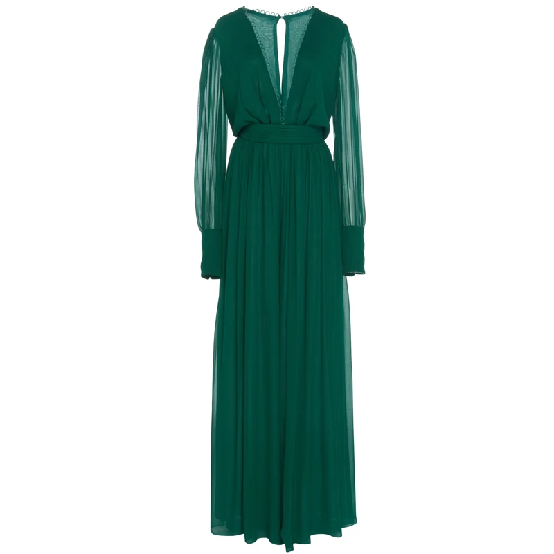 Sexy Backless Wide Leg Pants Long Length Rompers for Womens New Deep V-neck Long Sleeve Loose Pants Bodysuit for Female - Цвет: green