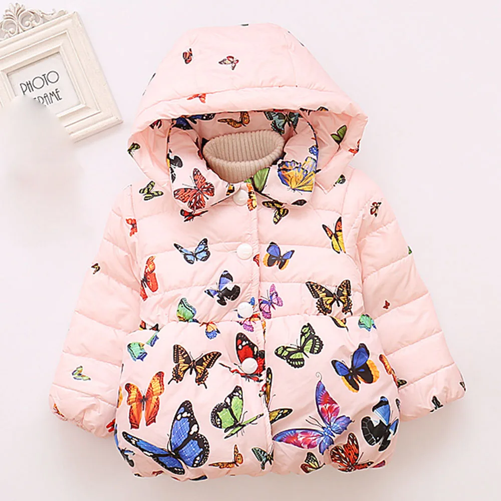 Baby Winter Coats Hooded Butterfly Print Plus Velvet Infant Girls Jackets Fashion Kids Clothing Baby Girl Outerwear Parkas