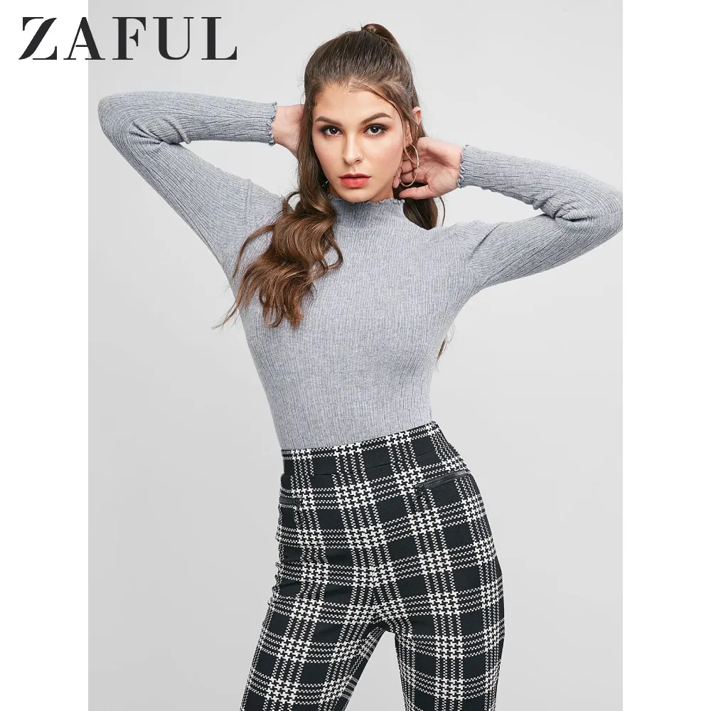 ZAFUL однотонный облегающий свитер с декоративной отделкой салата и воротником, осенние приталенные пуловеры, эластичный женский свитер из хлопка