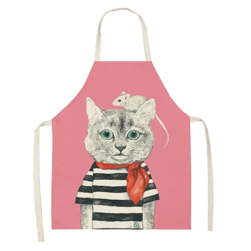 Women Kitchen Apron Cotton Linen Cartoon Cat Sleeveless Chef Cooking Aprons Kitchen accessories 68*55cm 0094