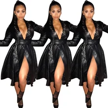 Новая сексуальная Женская искусственная кожа с длинными рукавами с круглым вырезом и глубоким v-образным вырезом с поясом плиссированная длинная куртка