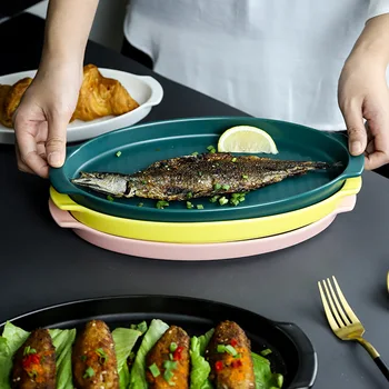 

Wholesale Creative Nordic-Style Ceramic Tableware Simple Coloured Glaze Household Baking Tray Fish Plate Hotel Western Dish