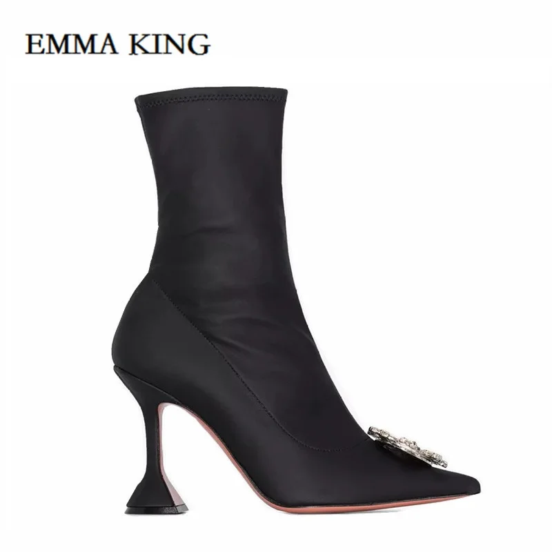 

Designer Women Diamante Embellished Ankle Boots Woman Spike High Heels Sock Boot Pointed Toe Chaussures Femme Crystal Women Shoe