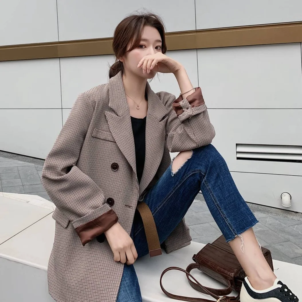 

Photo Shoot CHIC Retro Coffee Pattern Double Breasted Handsome BF Small Suit Short Loose Casual Ol Coat Women's