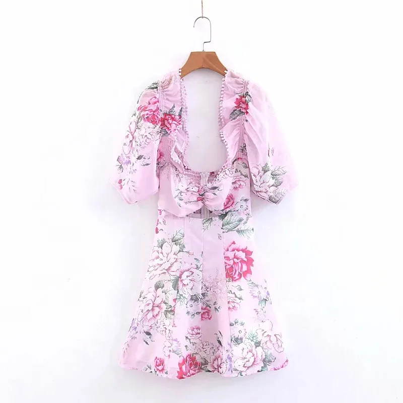 

New Style Europe And America WOMEN'S Dress off-the-Shoulder Retro Palace Style Pink Flower Dress