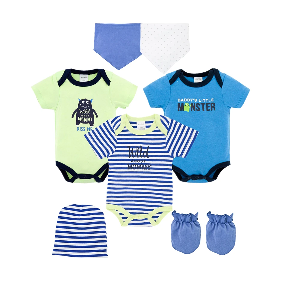 

Newly Fashion Infant Baby Boys Bodysuit Set 7PCS Newborn Cotton Jumpsuits Set Little Girls Button One Piece with Hat Bibs Gloves