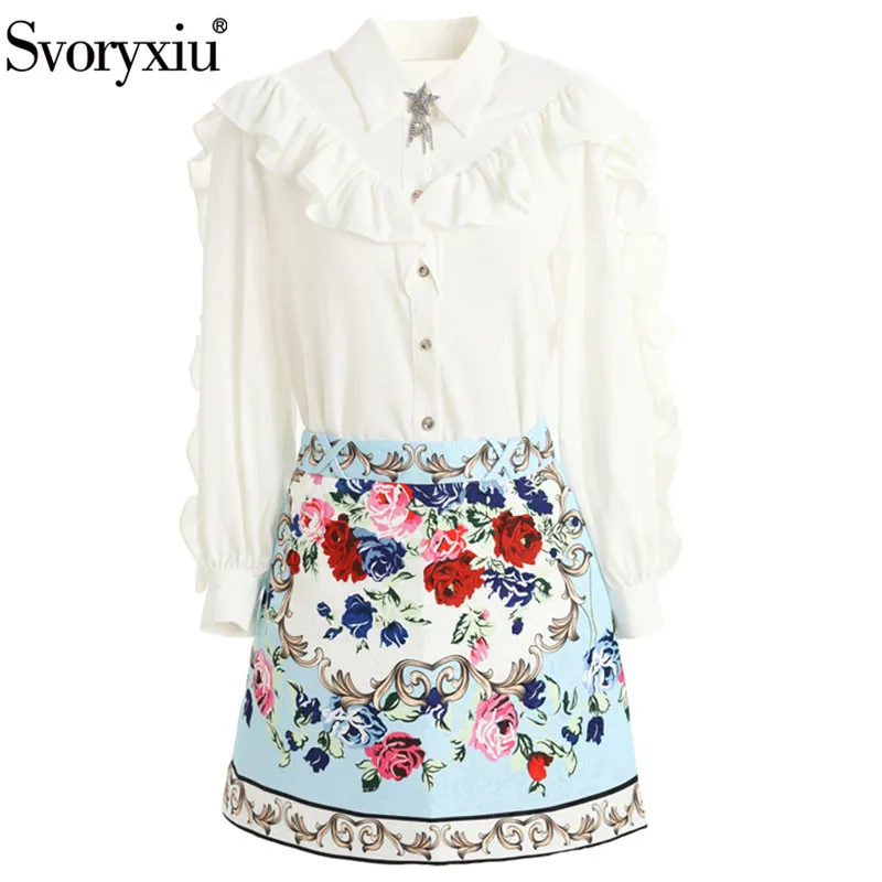 Svoryxiu Women's Runway Skirt Suit Women's Lantern Sleeve Ruffles White Blouse+ Print Jacquard Skirt Elegant Two Piece Set