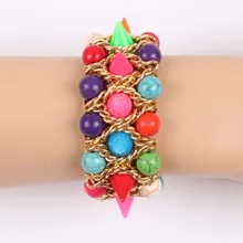 Модная новинка панк плетеная Золотая цепь из гвоздиков камень браслет с шипами для женщин Цветочные Вечерние шарики из бисера мужской браслет ювелирные изделия