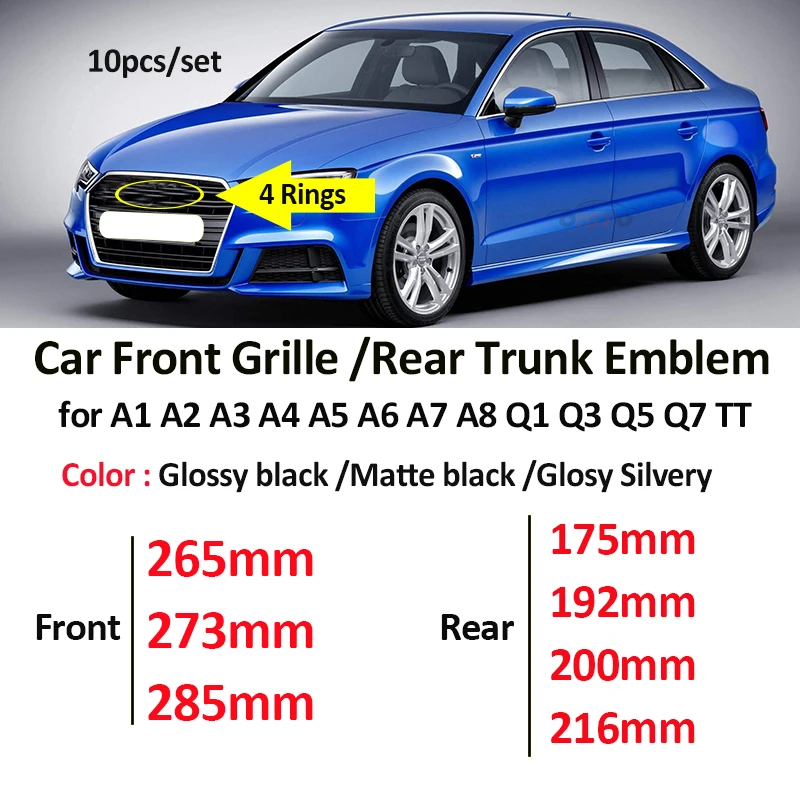 

10Pcs Car Rear Boot Emblem Auto Tail Trunk Logo Front Grill Label hood bonnet Badge For A4 A6 Q5 Q3 TT Q7 B8 B9 C6 C7
