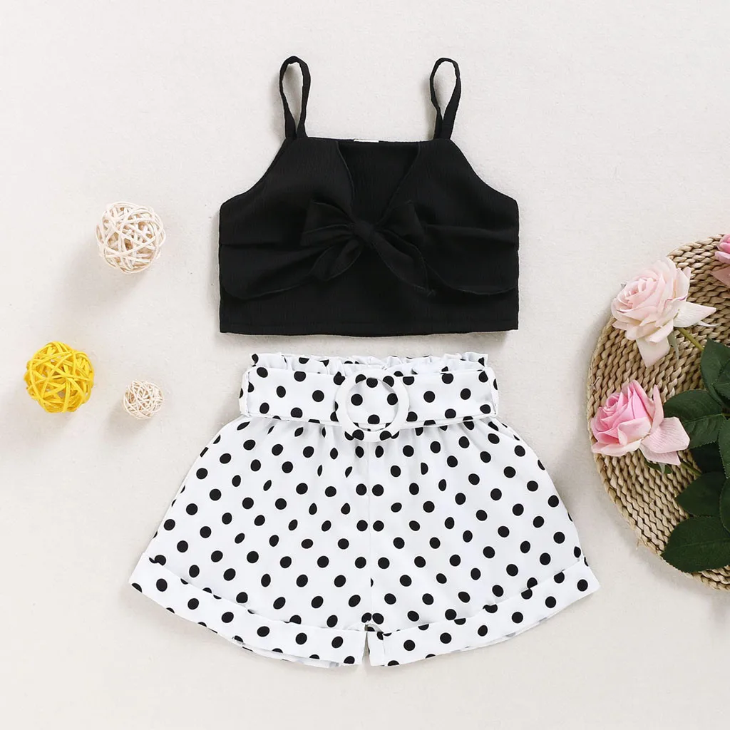 

(1-5Y) Children's sleeveless strap top polka dot shorts suit summer fashion bow strap + polka dot skirt refreshing trend suit S4