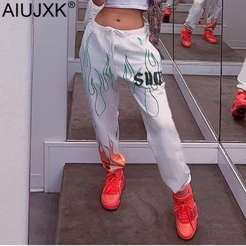

AIUJXK Fashion Flame Print Women High Waist Loose Trousers Streetwear Elastic Sweatpants Female White Letter Harajuku Pants