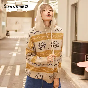 

SAM'S TREE Brown Geometric Korean Casual Hooded Knit Pullover Sweater Women 2020 Spring Yellow Drawstring Long Sleeve Ladies Top