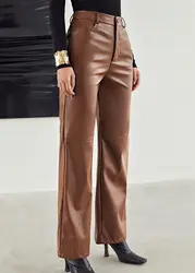Women Leather Pants High Waist Straight Slimming Side Pockets Solid Color Casual Party Fall Trousers Spring Autumn