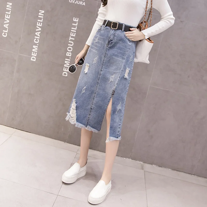 

Denim skirt female 2019 autumn saia jeans feminina high waist slim hole in the long section split fur skirt one step skirt