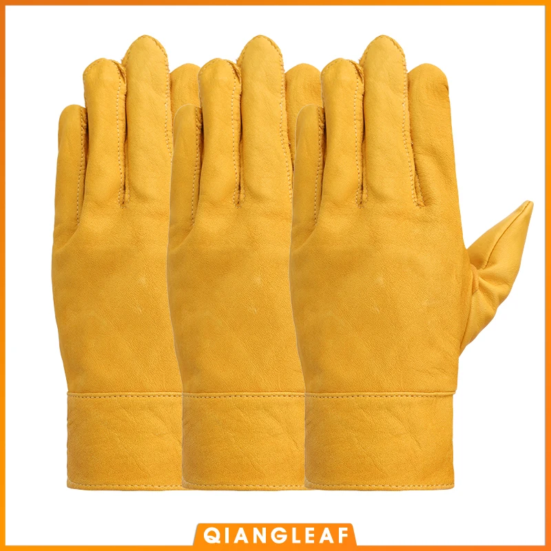 

QIANGLEAF 3pcs Brand New Yellow Work Drivers Gloves Gardening Household Work Cowhide Leather Safety Working Glove Men&Women 530