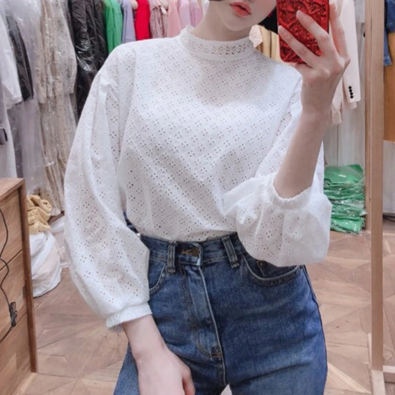 white Shirt Women RICININA, женские рубашки, повседневные, с длинным рукавом-фонариком, с круглым вырезом, белая, женская блузка, весенняя, повседневная, открытая, Женские топы и блузки - Цвет: white Shirt Women