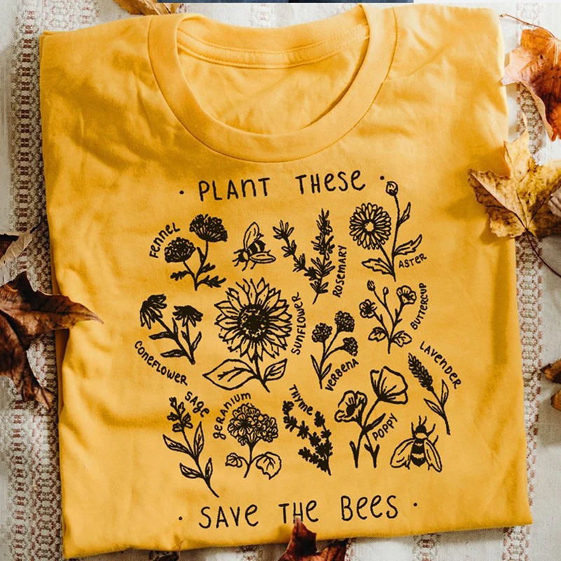 

Plant These Harajuku Tshirt Unisex Women Causal Save The Bees T-shirt Cotton Wildflower Graphic Planted Botanical Flower Tees
