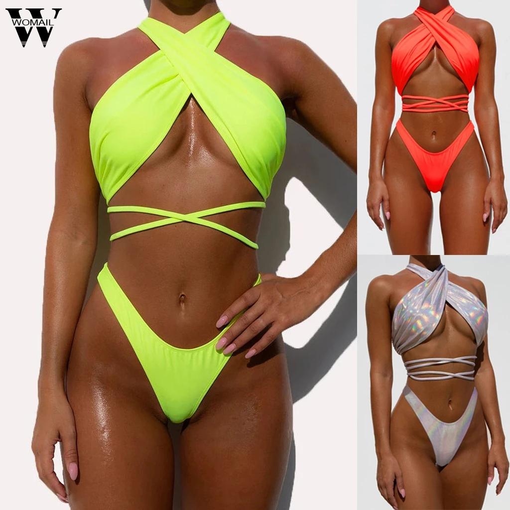 

2020 Bikinis set Women Swimsuit solid Two Pieces Halter Bikini Bandeau Summer Beach Swim Push-Up Bathing Suit Swimwear holiday