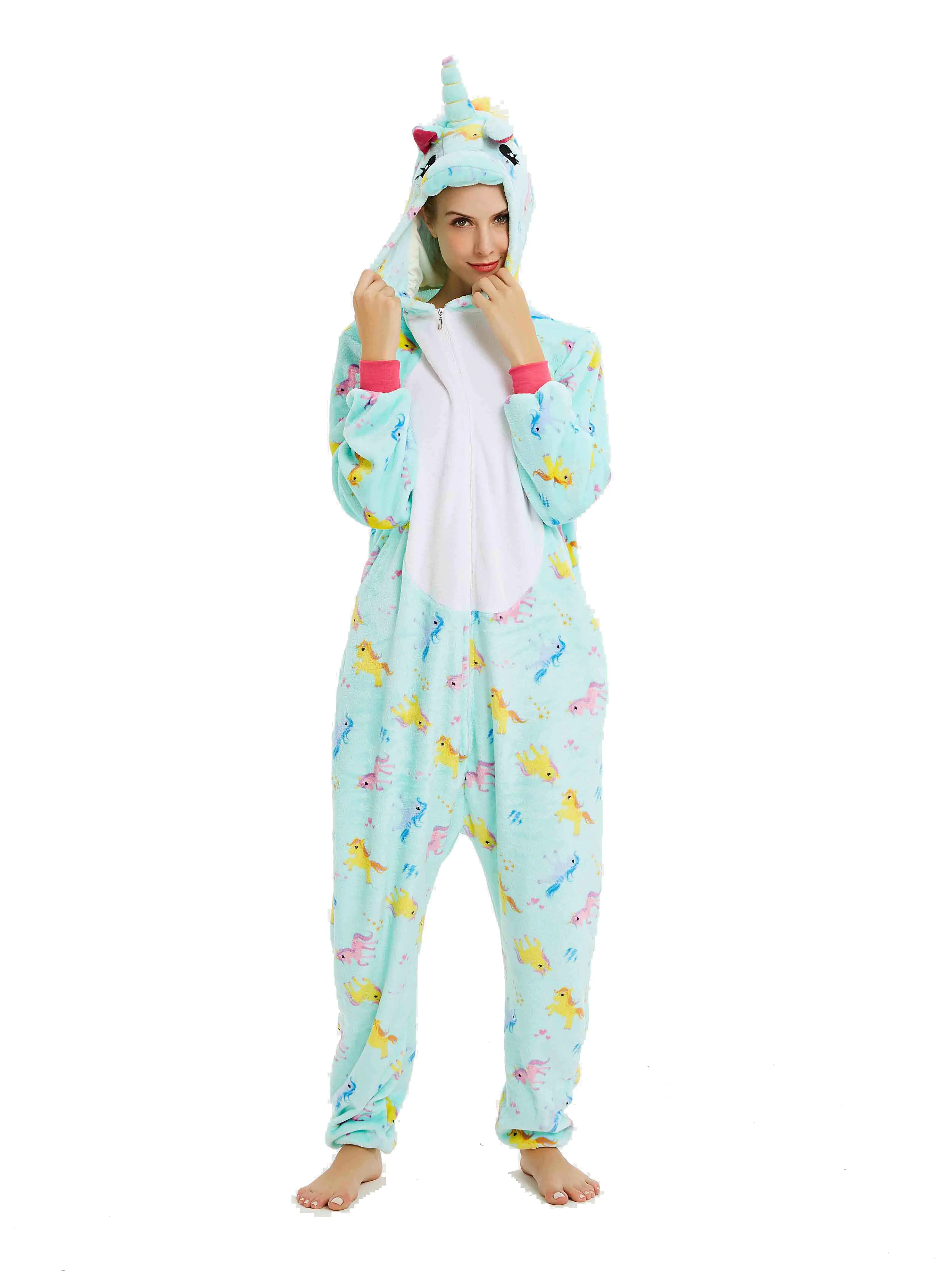 Зимние пижамы в виде животных, одежда для сна, пижамы в виде единорога, комплекты для женщин, мужчин, унисекс, для взрослых, фланелевая ночная рубашка, Комбинезоны - Цвет: Green unicorn