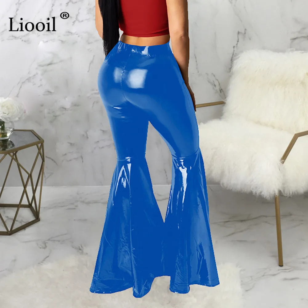 Liooil брюки-клеш из искусственной кожи с высокой талией,, уличная одежда, Сексуальные клубные обтягивающие брюки, женские облегающие брюки черного и красного цвета