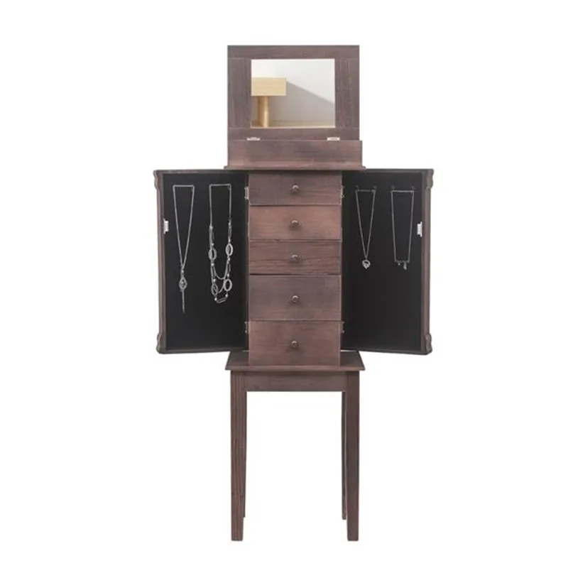 

Standing Jewelry Armoire with Mirror, 5 Drawers & 8 Necklace Hooks, Jewelry Cabinet Chest with Top Storage Organizer