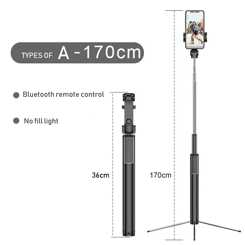 YUNAO, Bluetooth, селфи-палка, штатив для телефона, светодиодный, красивый светильник, длина 170 см, палка для селфи, bluetooth, палка для разделения, пульт дистанционного управления - Цвет: A-No light