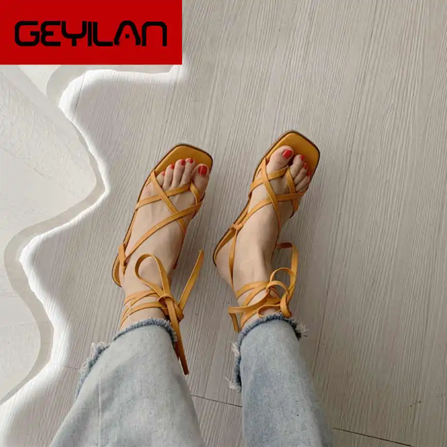 

Women Summer Sandals Retro Toe Straps Cross Roman Straps Square Head Soft Bottom British Sandals Women's Shoes Flat Slides Shoes