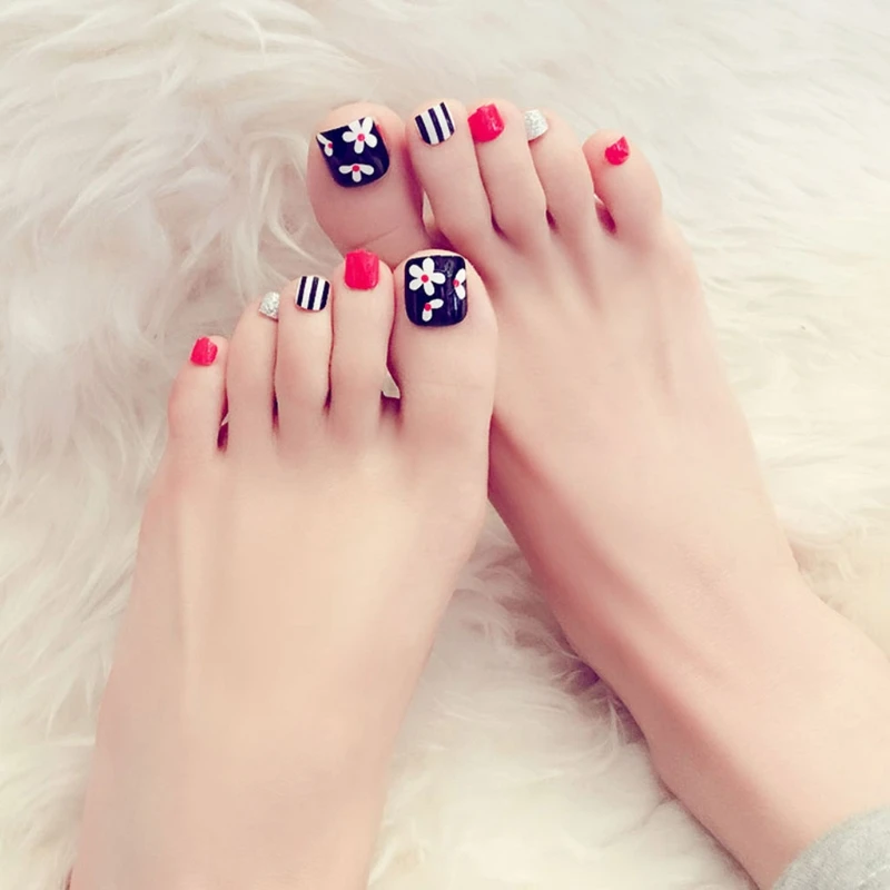 

24pcs Artificial Fake Toe Nails Flower False Nail Tips For Summer Holiday J31 X7YB