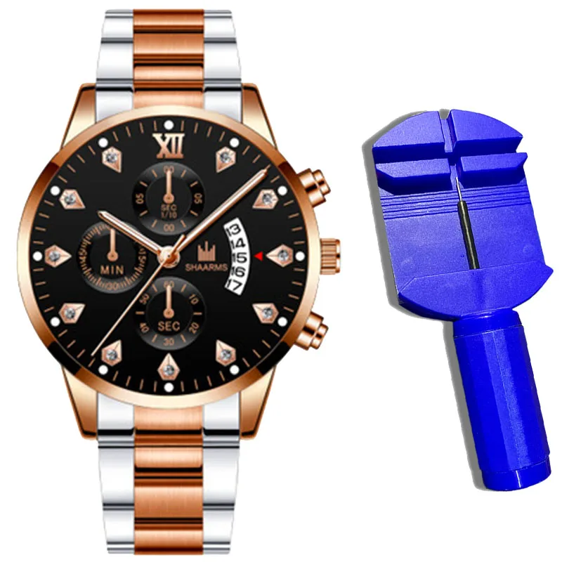 2021 Luxury Brand SHAARMS Alloy Strap Men's Watch Diamond Waterproof Quartz Watch for Men's Analog Three-eye Calendar Male Clock 