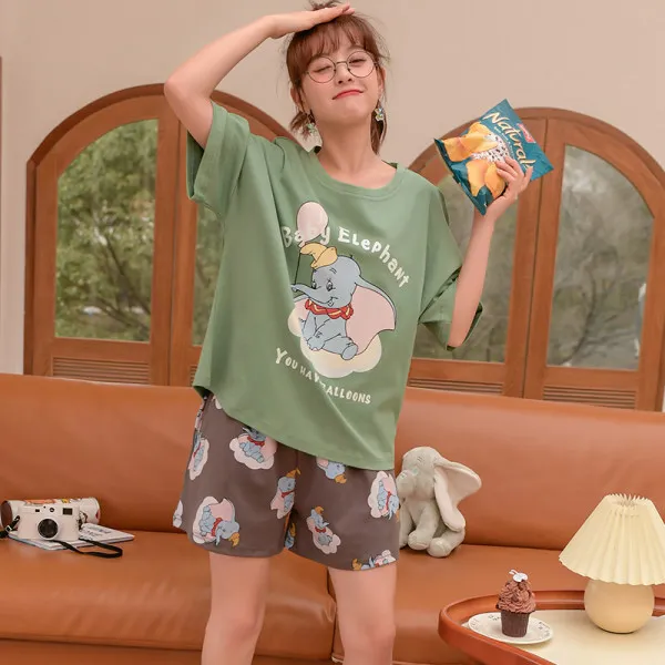 3XL Loose Summer Cotton Pajamas Women's Short Sleeve Shorts Lion King Simba Leopard Print Cute Anime Home Suit Pajama Sets Women 5204