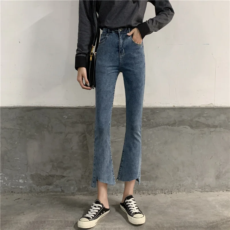 Autumn new large size high waist irregular jeans micro bell pants women thin nine pants jeans mujer