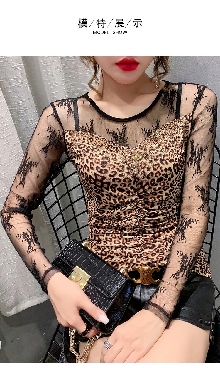 New 2020 Autumn long sleeve Women t-shirts Fashion Sexy hollow out Hot drilling Mesh shirt Plus size womens shirt blusas